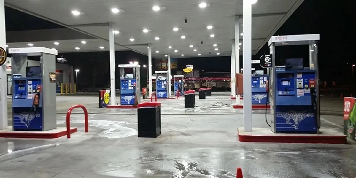 Gas station forecourt after an overnight WeatherX wash